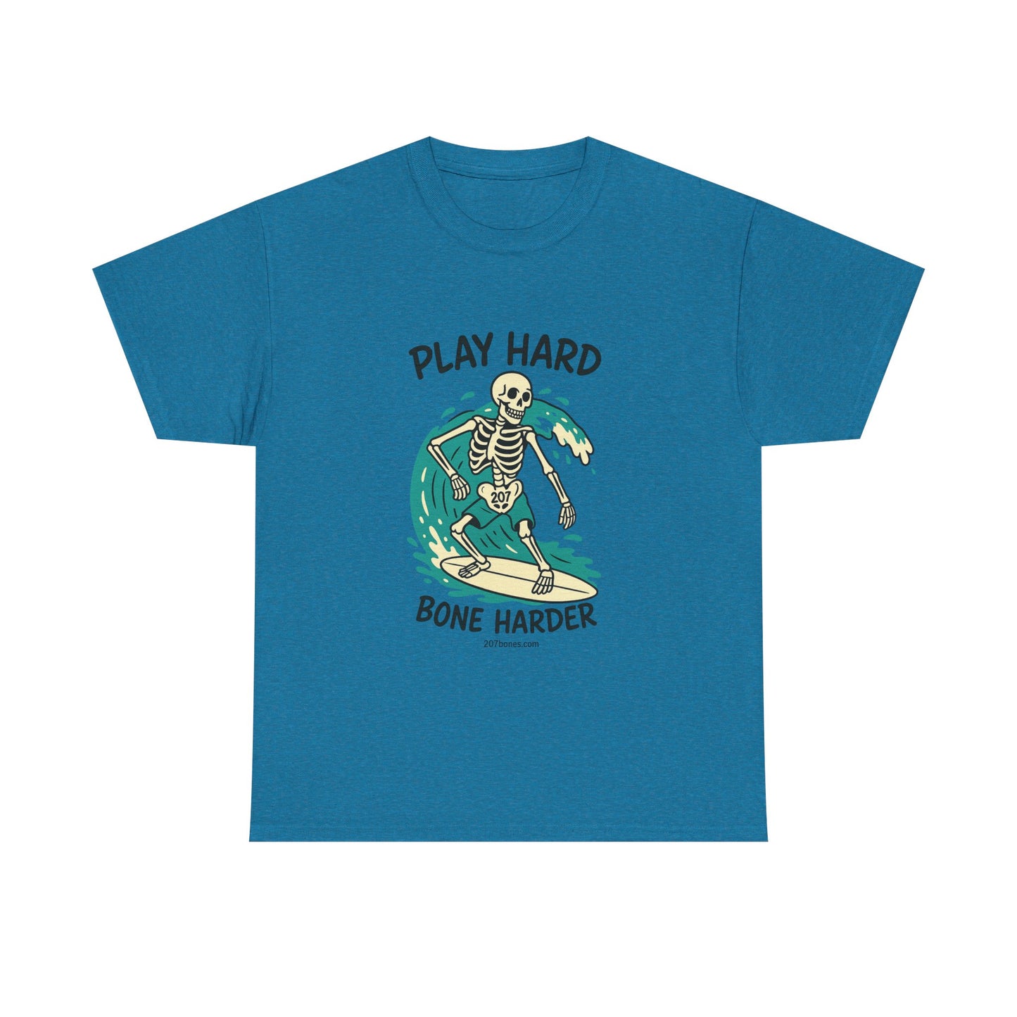Play Hard Bone Harder Tee | Unisex Cotton T-Shirt, Fun Skeleton Graphic, Casual Wear, Perfect Gift for Halloween, Surf Lovers, Summer Vibe