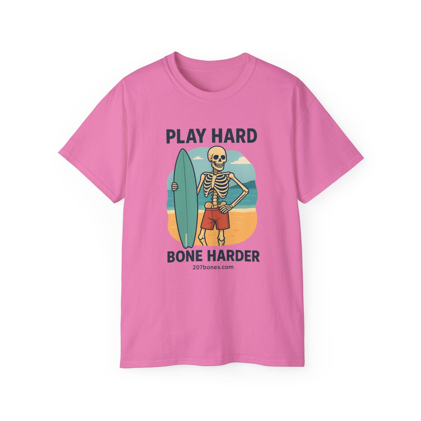Play Hard Bone Harder Tee, Fun Skeleton Shirt, Summer Vibes Tee, Beach Lover Gift, Halloween Party Tee, Casual Everyday Wear
