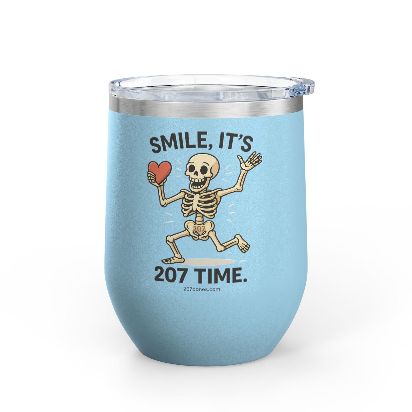 Quirky Wine Tumbler - Smile It's 207 Time, Fun Drinkware, Skeleton Mug, Party Accessory, Gift for Wine Lovers, Halloween Decor