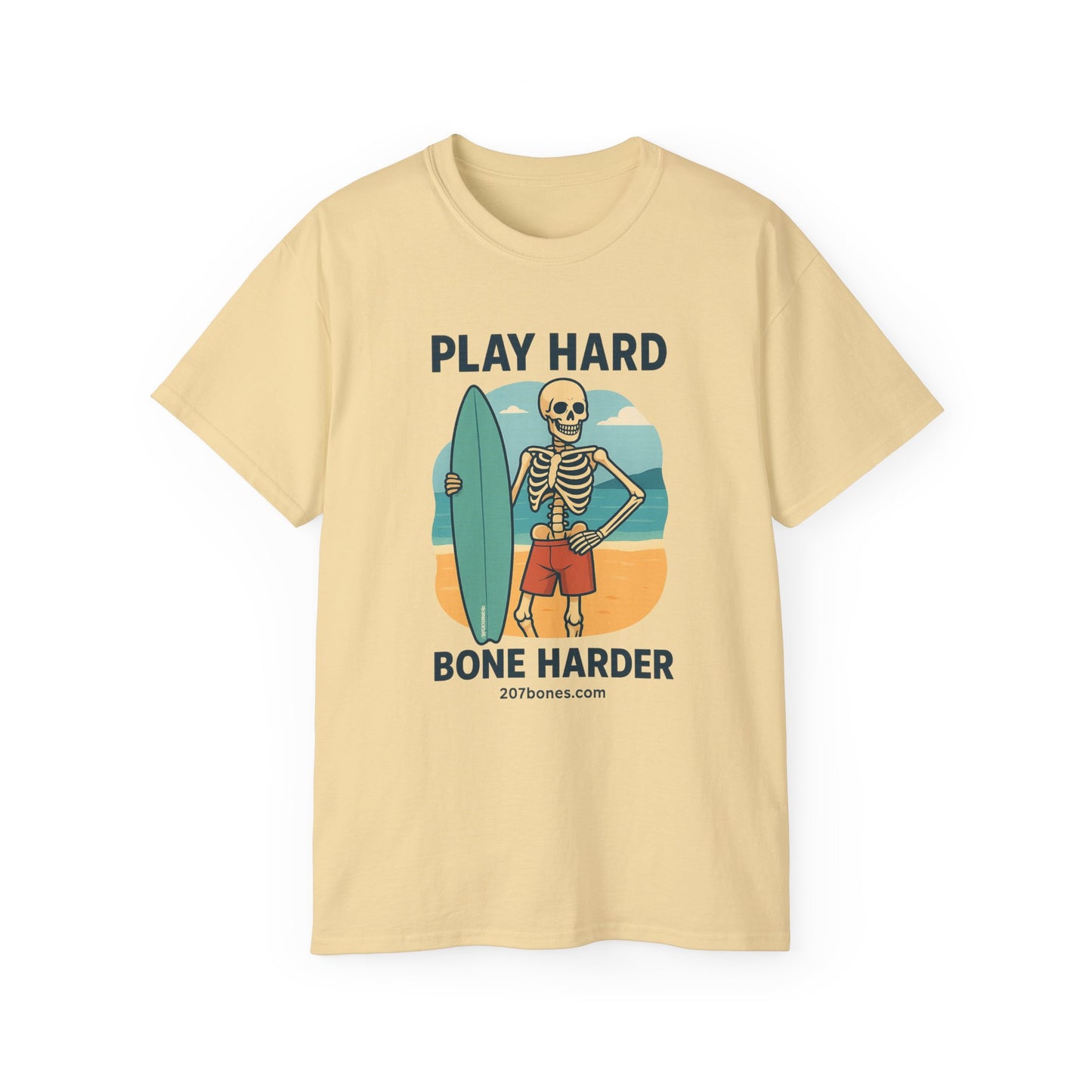 Play Hard Bone Harder Tee, Fun Skeleton Shirt, Summer Vibes Tee, Beach Lover Gift, Halloween Party Tee, Casual Everyday Wear