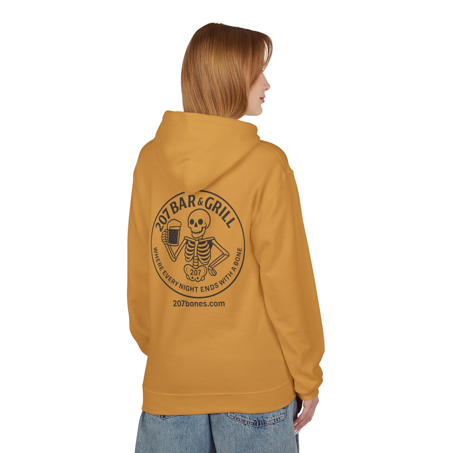 207 Bar & Grill Skeleton Hoodie, Softstyle Midweight Fleece, Unisex Pullover, Fun Gift for Halloween, Cozy Lounge Wear