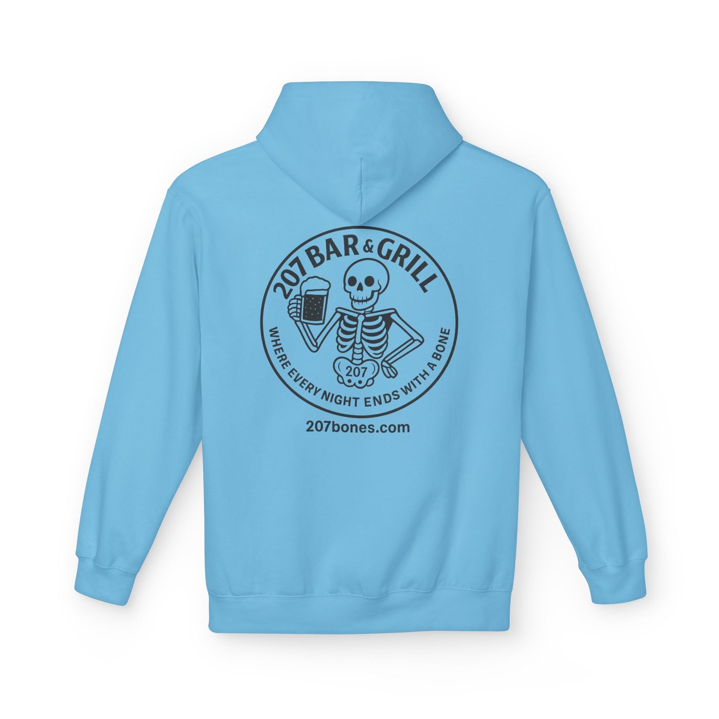 207 Bar & Grill Skeleton Hoodie, Softstyle Midweight Fleece, Unisex Pullover, Fun Gift for Halloween, Cozy Lounge Wear