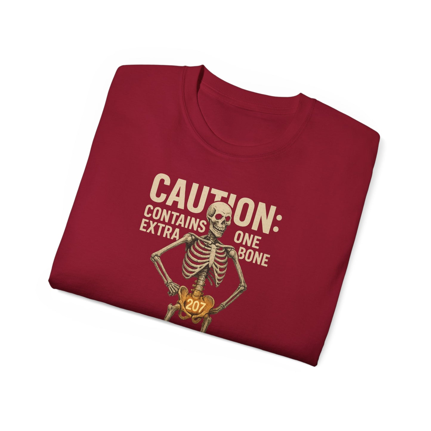 Caution Extra Bone Skeleton Tee, Funny Halloween Shirt, Unisex Spooky T-Shirt, Gift for Bone Lovers, Unique Skull Graphic Tee