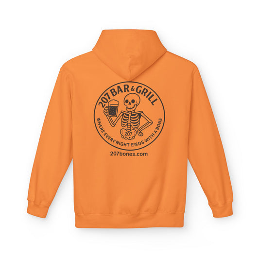 207 Bar & Grill Skeleton Hoodie, Softstyle Midweight Fleece, Unisex Pullover, Fun Gift for Halloween, Cozy Lounge Wear