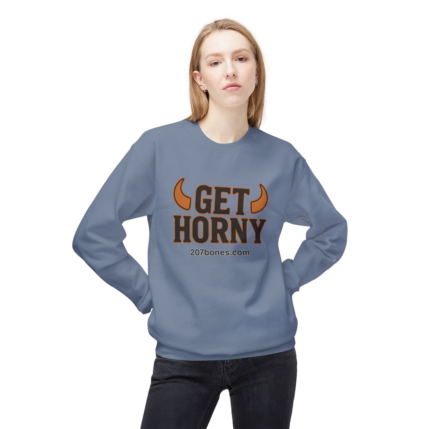 Unisex Get Horny Fleece Crewneck Sweatshirt, Funny Sweatshirt, Gift for Him, Casual Wear, Fall Fashion, Humorous Apparel