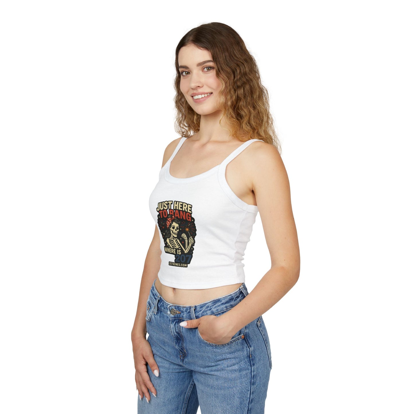 Skeleton Graphic Tank Top, Just Here to Hang Spaghetti Strap, Halloween Gift, Trendy Summer Top, Boho Style Apparel