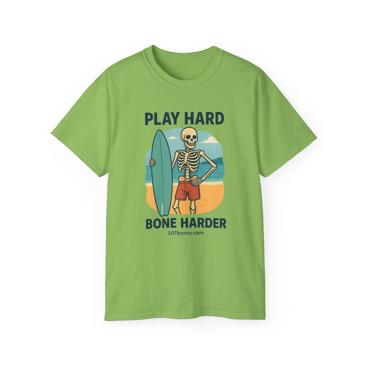 Play Hard Bone Harder Tee, Fun Skeleton Shirt, Summer Vibes Tee, Beach Lover Gift, Halloween Party Tee, Casual Everyday Wear