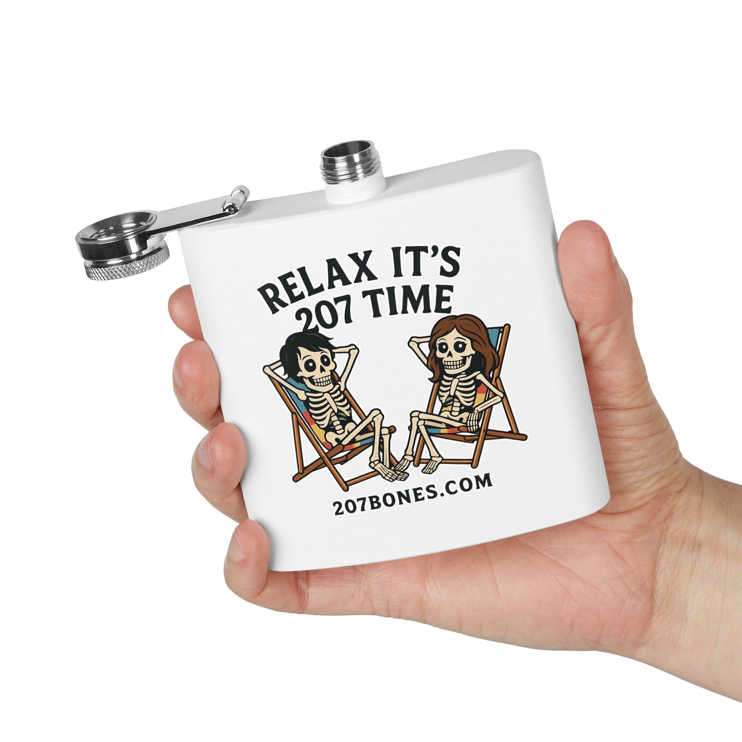 Skeleton Lovers Stainless Steel Flask - 6oz, Unique Gift, Halloween Party, Outdoor Adventure, Fun Drinkware, Relax It's 207 Time