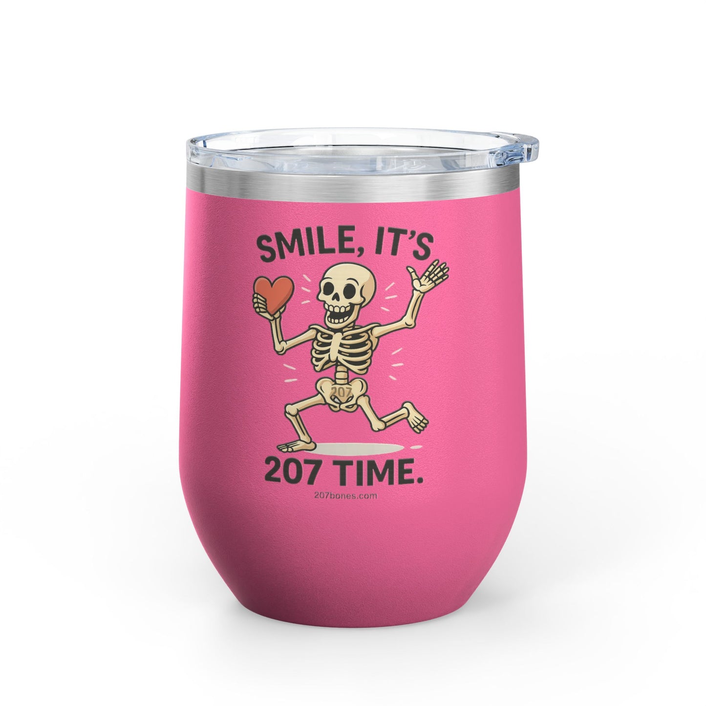 Quirky Wine Tumbler - Smile It's 207 Time, Fun Drinkware, Skeleton Mug, Party Accessory, Gift for Wine Lovers, Halloween Decor