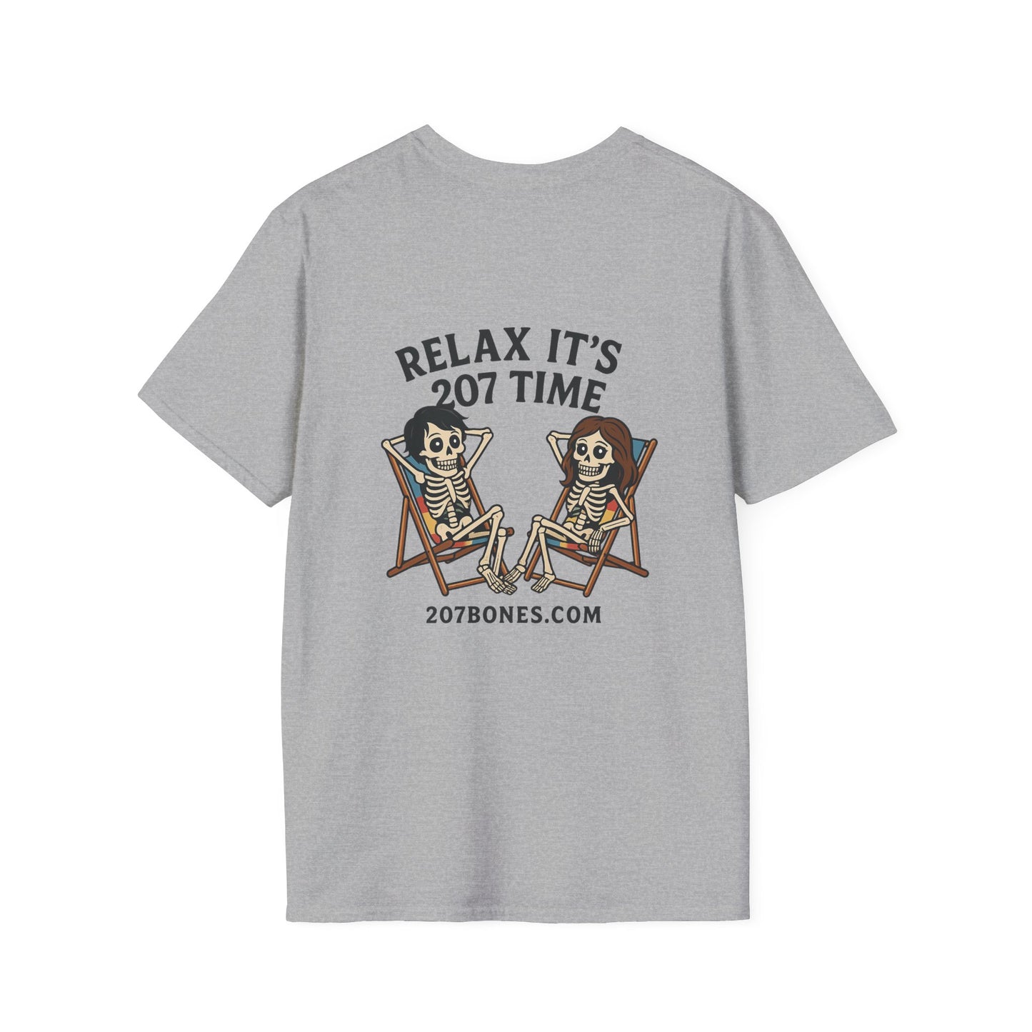 Chill Vibes Unisex T-Shirt - Relax It's 207 Time Design, Skeleton Tee, Casual Everyday Wear, Perfect for Halloween, Gift for Friends