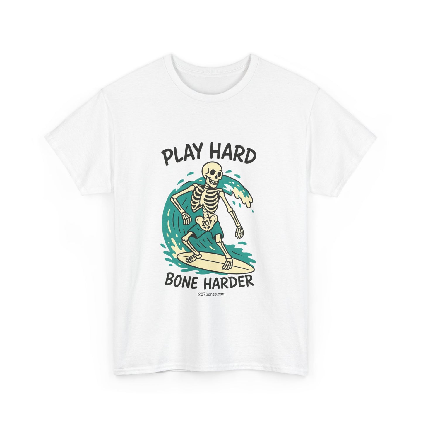 Play Hard Bone Harder Tee | Unisex Cotton T-Shirt, Fun Skeleton Graphic, Casual Wear, Perfect Gift for Halloween, Surf Lovers, Summer Vibe