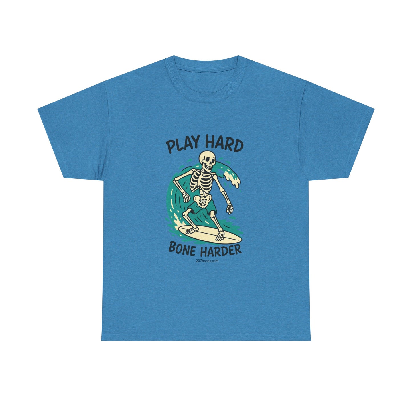 Play Hard Bone Harder Tee | Unisex Cotton T-Shirt, Fun Skeleton Graphic, Casual Wear, Perfect Gift for Halloween, Surf Lovers, Summer Vibe