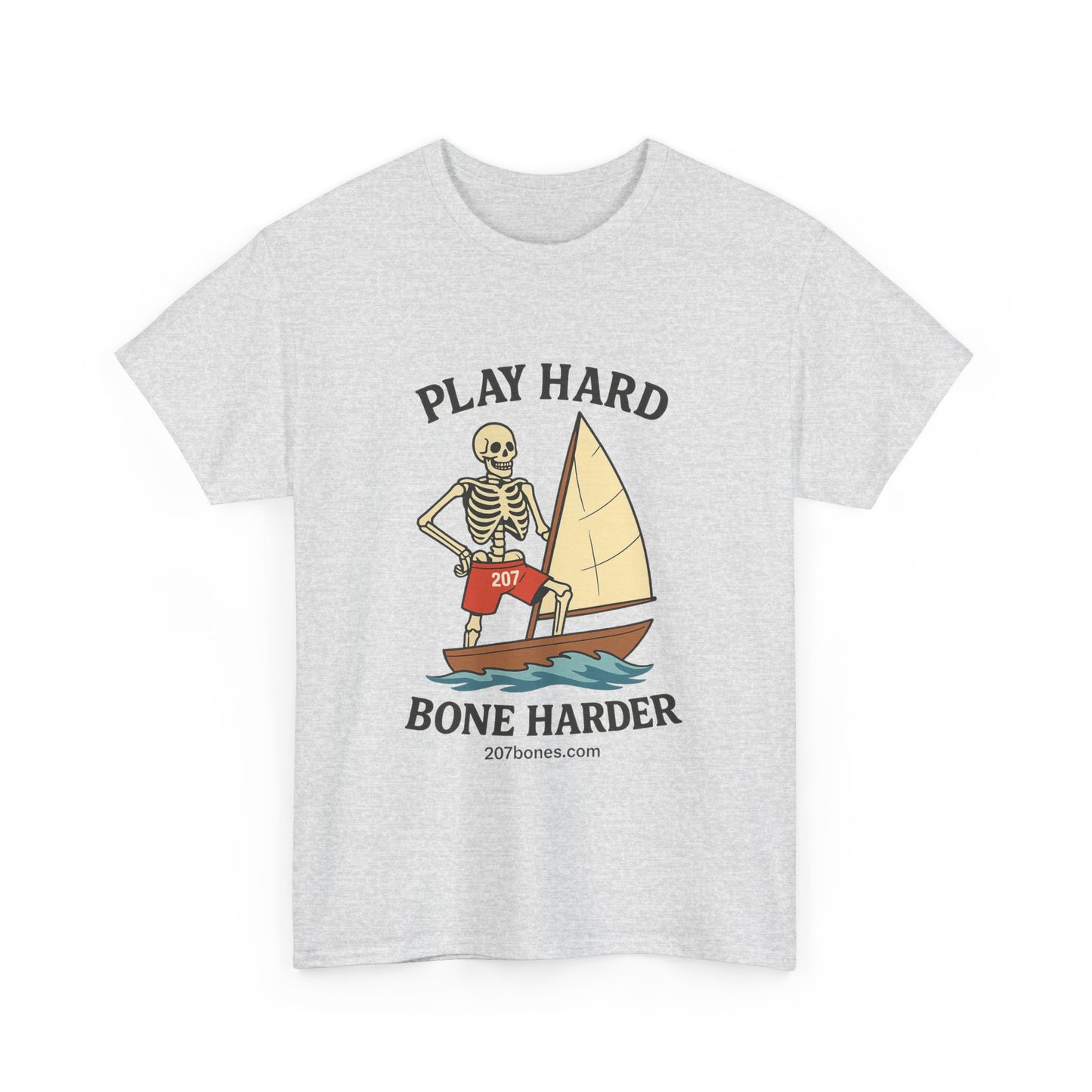 Play Hard Bone Harder Tee, Casual Summer Shirt, Skeleton Graphic T-Shirt, Fun Beachwear, Gift for Halloween, Unisex Cotton Tee