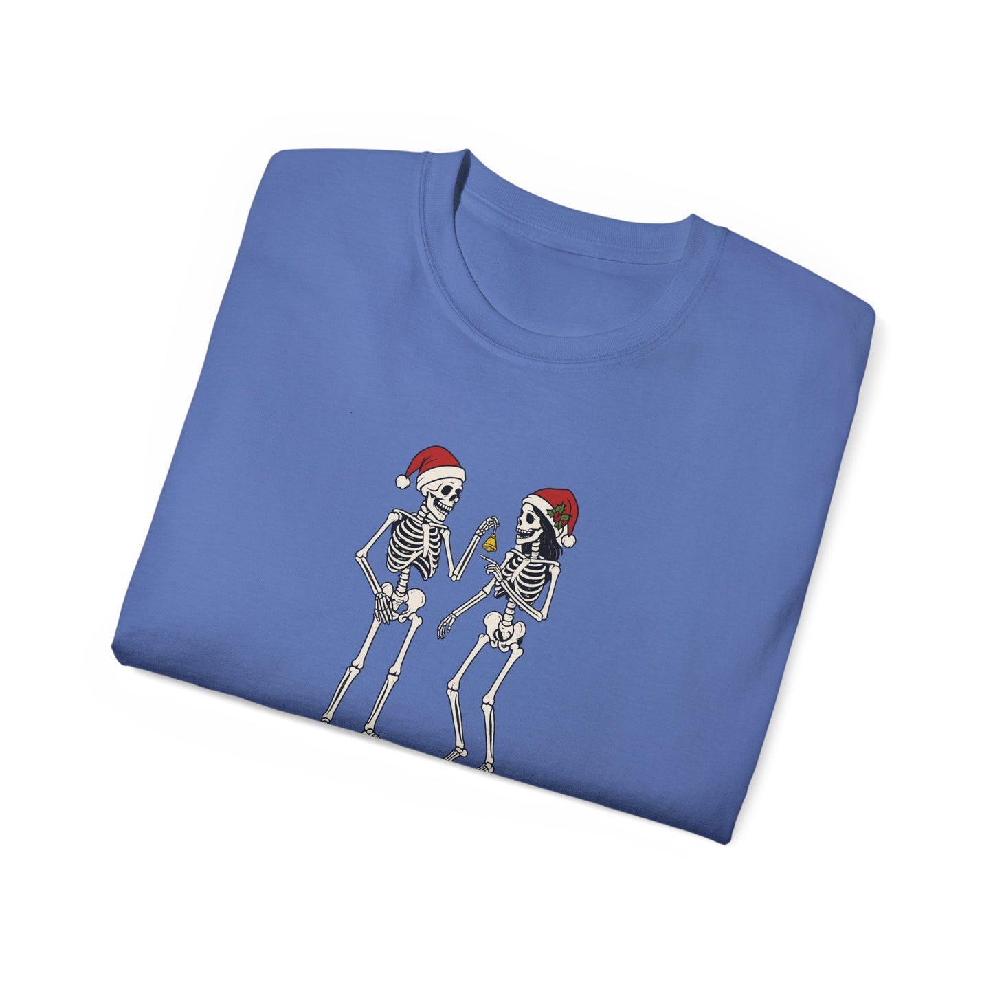Humorous Skeleton Christmas Tee, Fun Holiday Shirt, Unisex Graphic T-Shirt, Gift for Halloween Lovers, Quirky Party Wear