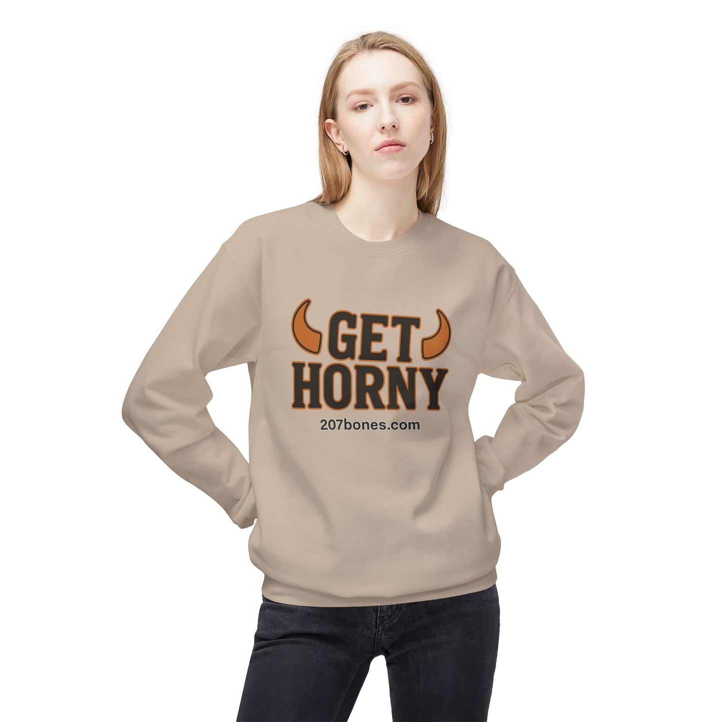 Unisex Get Horny Fleece Crewneck Sweatshirt, Funny Sweatshirt, Gift for Him, Casual Wear, Fall Fashion, Humorous Apparel