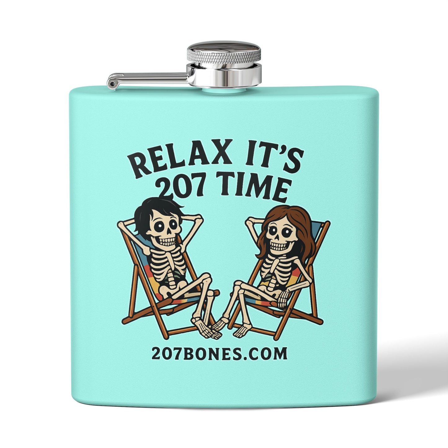 Skeleton Lovers Stainless Steel Flask - 6oz, Unique Gift, Halloween Party, Outdoor Adventure, Fun Drinkware, Relax It's 207 Time