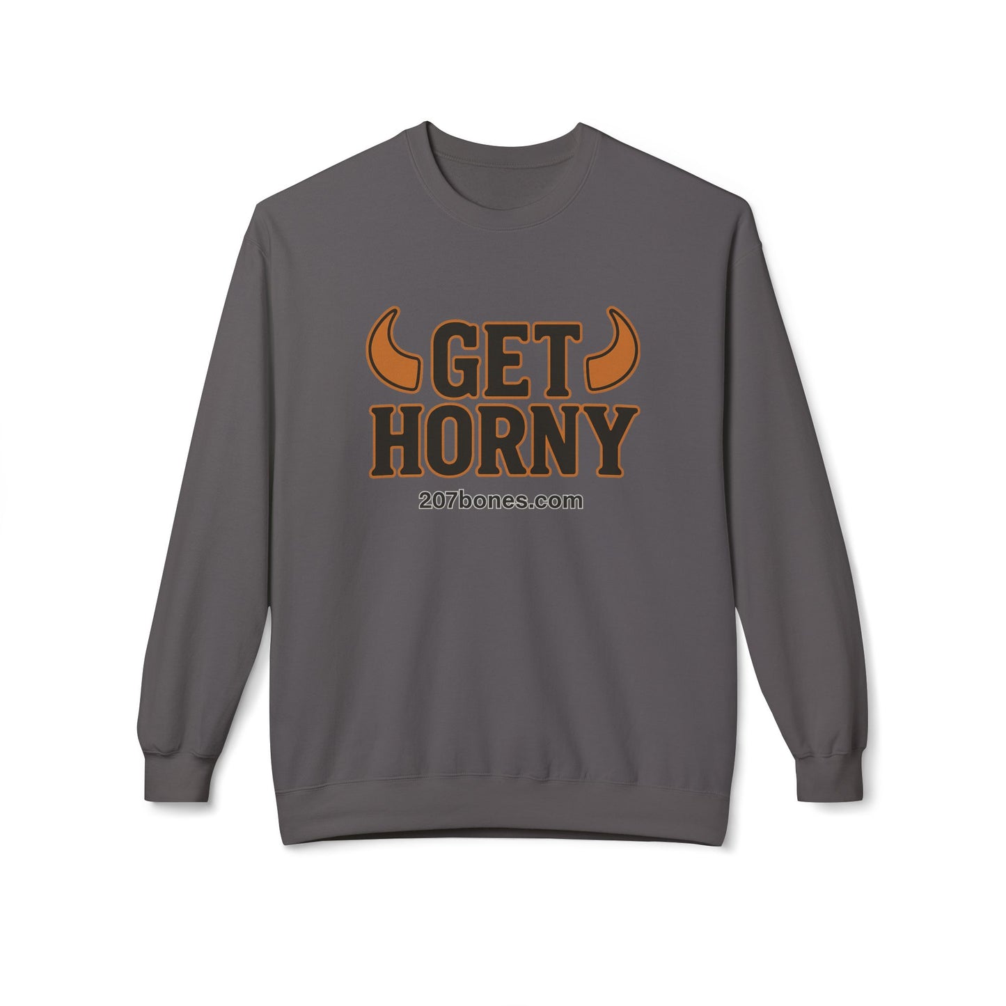 Unisex Get Horny Fleece Crewneck Sweatshirt, Funny Sweatshirt, Gift for Him, Casual Wear, Fall Fashion, Humorous Apparel