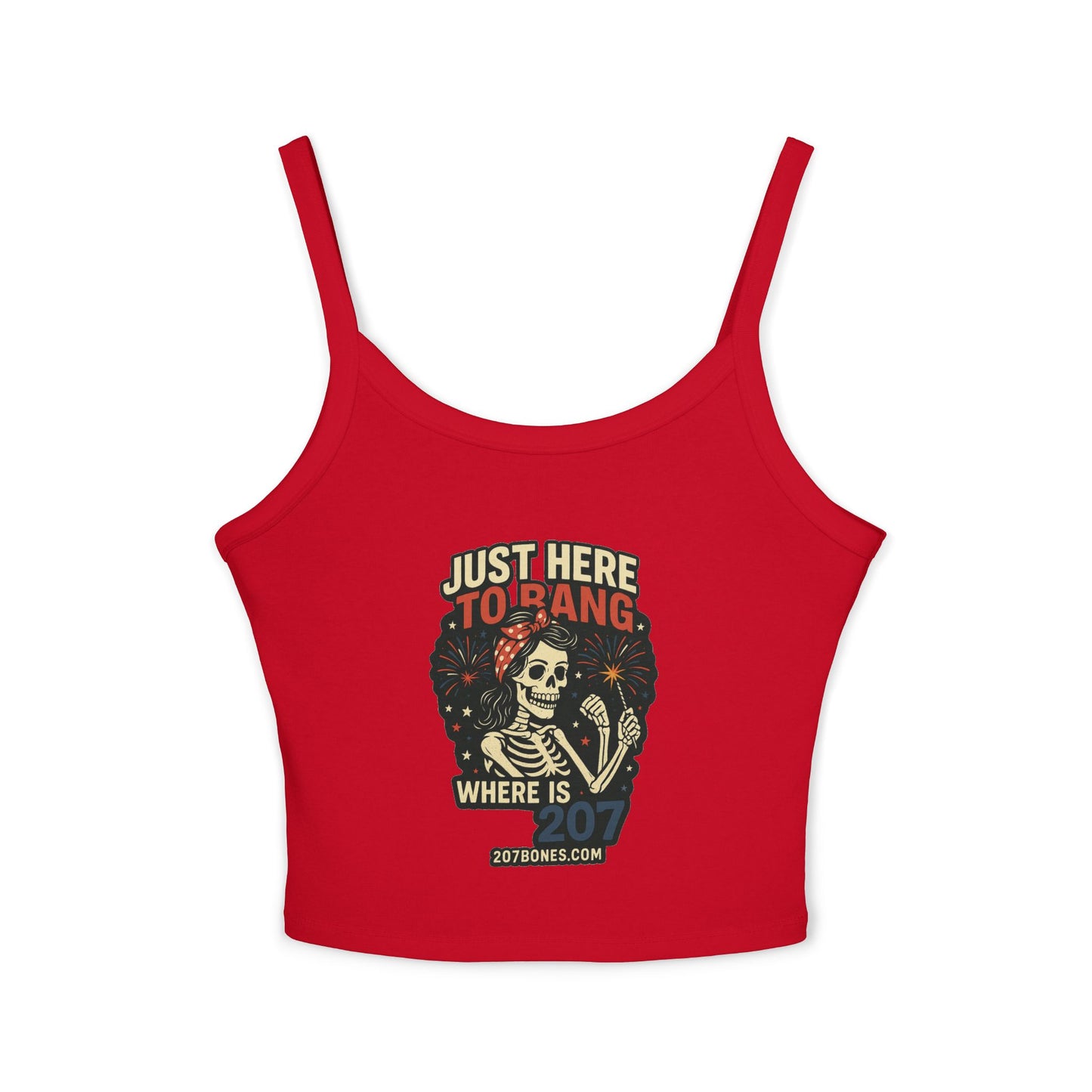 Skeleton Graphic Tank Top, Just Here to Hang Spaghetti Strap, Halloween Gift, Trendy Summer Top, Boho Style Apparel