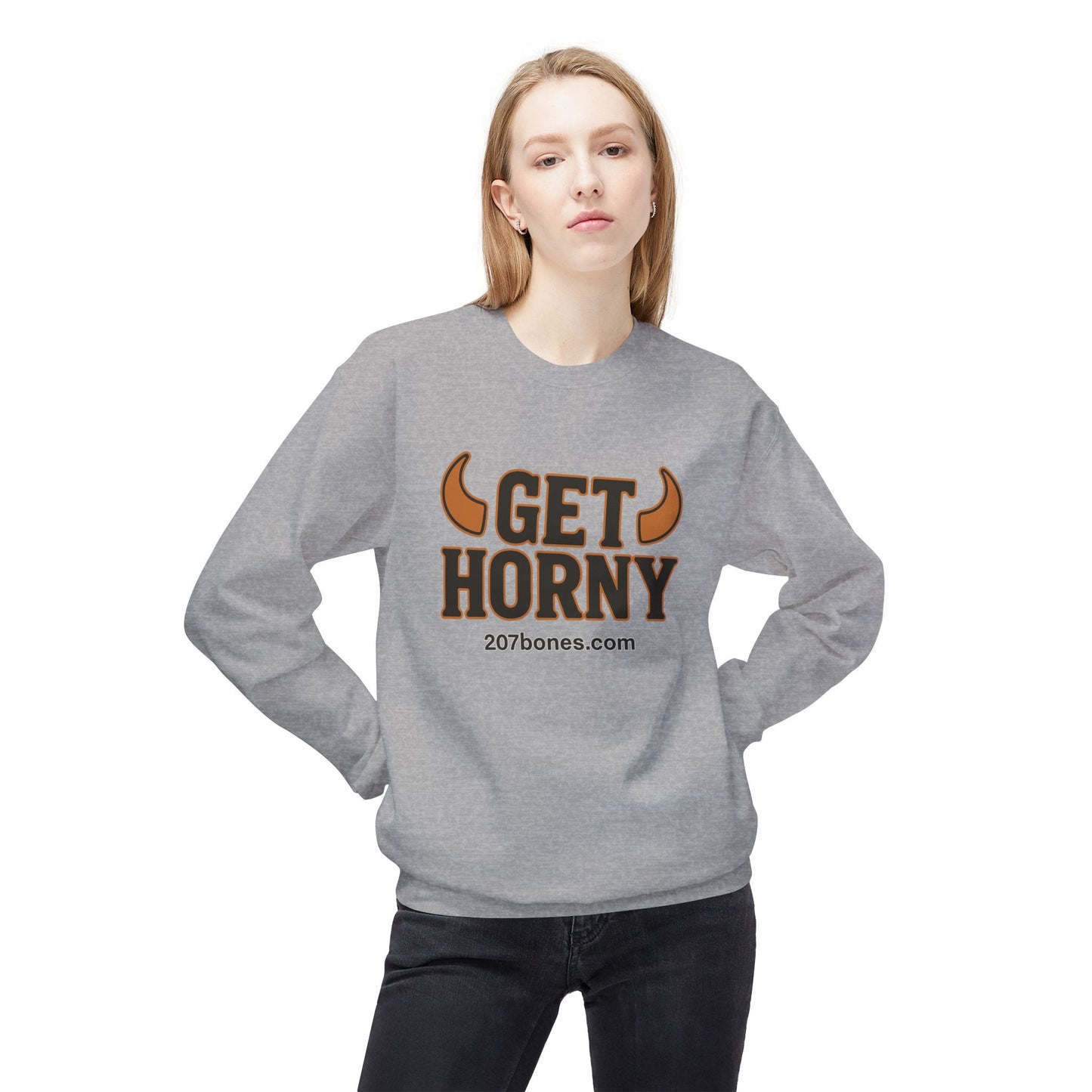 Unisex Get Horny Fleece Crewneck Sweatshirt, Funny Sweatshirt, Gift for Him, Casual Wear, Fall Fashion, Humorous Apparel