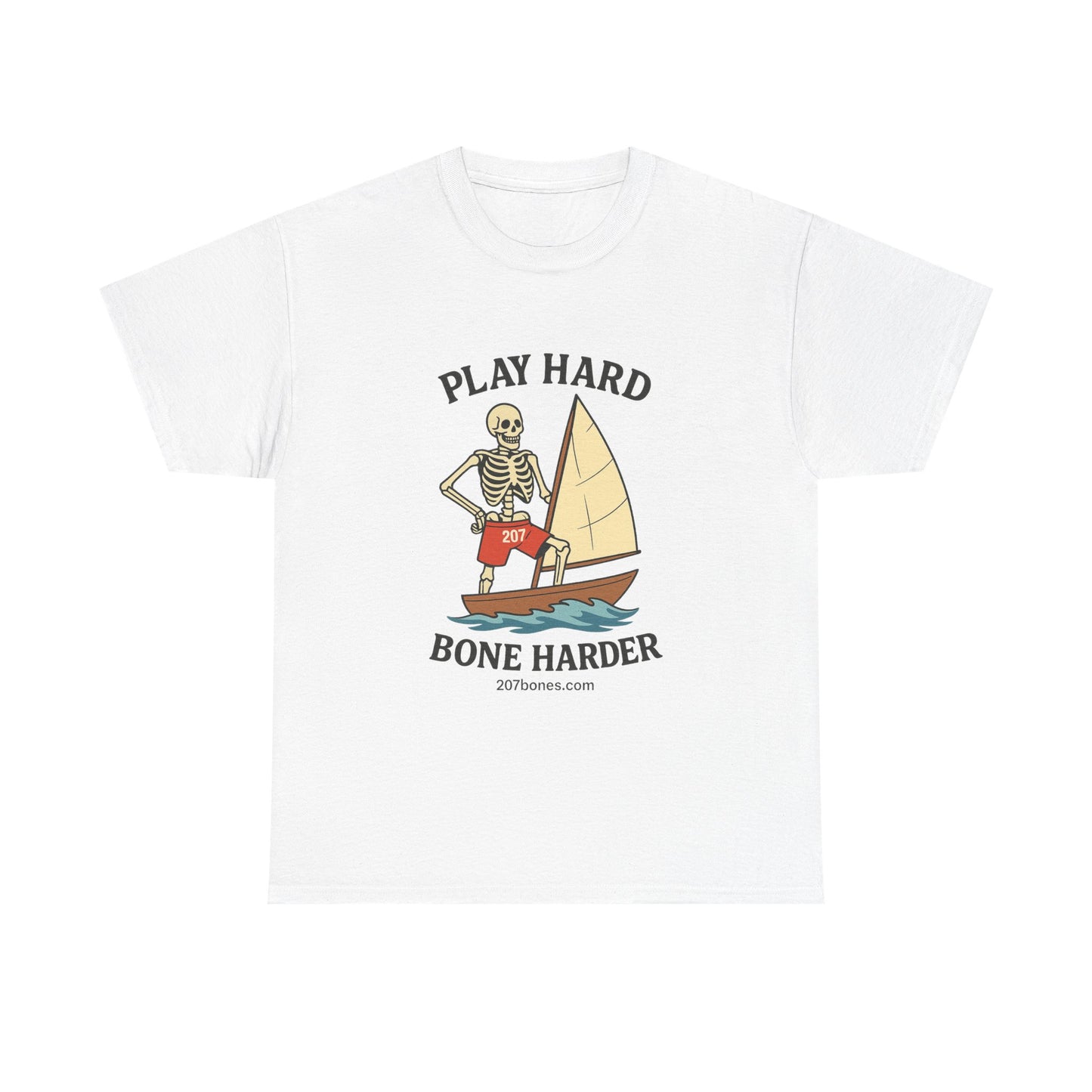 Play Hard Bone Harder Tee, Casual Summer Shirt, Skeleton Graphic T-Shirt, Fun Beachwear, Gift for Halloween, Unisex Cotton Tee
