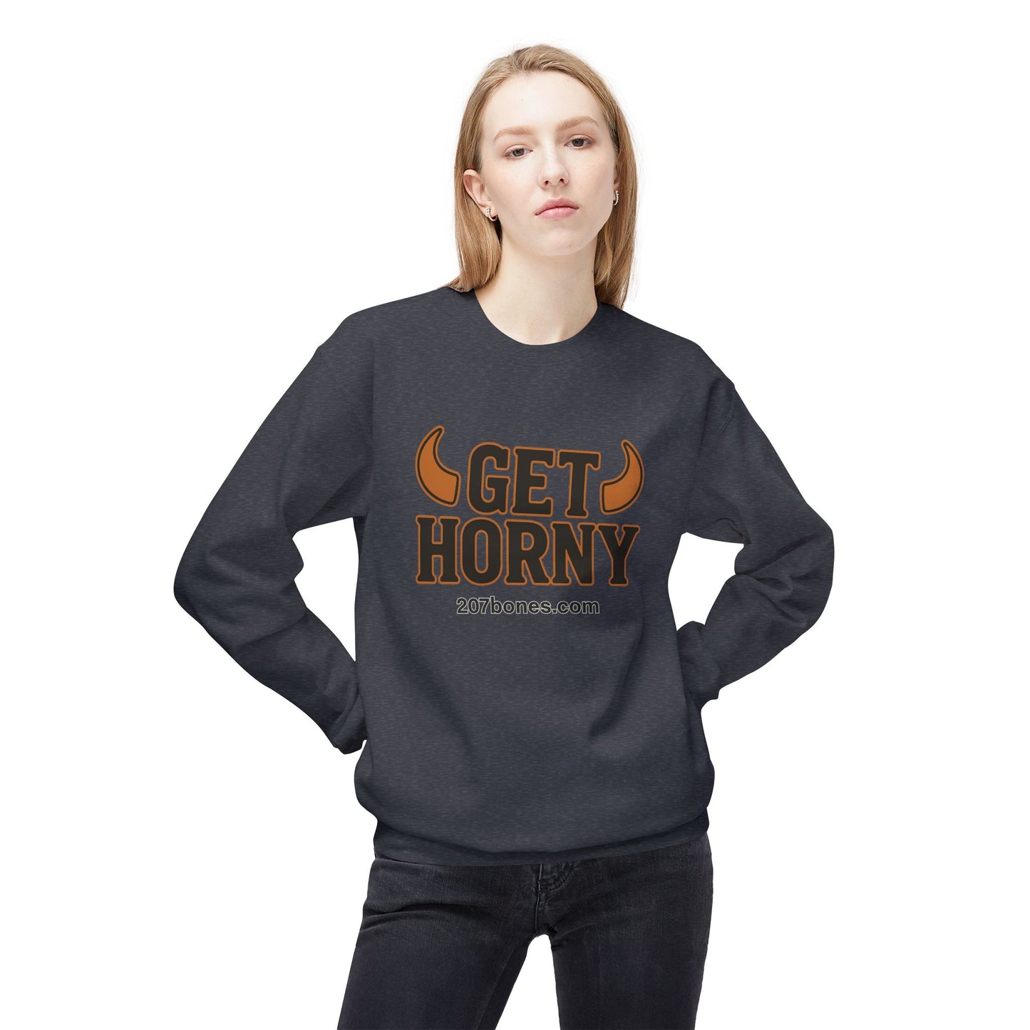Unisex Get Horny Fleece Crewneck Sweatshirt, Funny Sweatshirt, Gift for Him, Casual Wear, Fall Fashion, Humorous Apparel