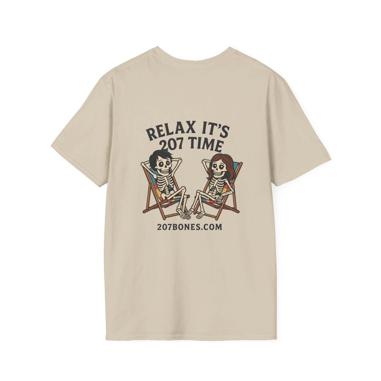 Chill Vibes Unisex T-Shirt - Relax It's 207 Time Design, Skeleton Tee, Casual Everyday Wear, Perfect for Halloween, Gift for Friends