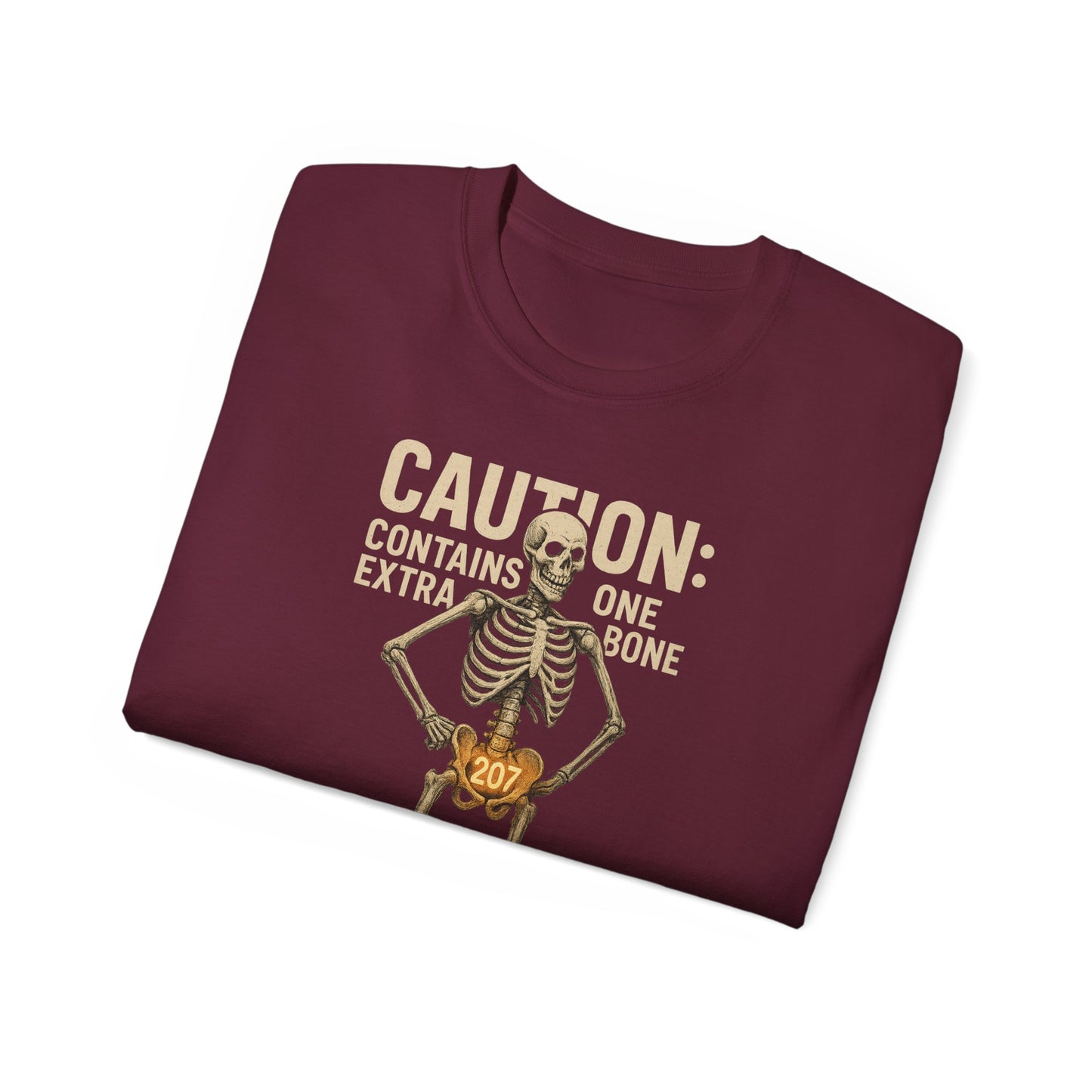 Caution Extra Bone Skeleton Tee, Funny Halloween Shirt, Unisex Spooky T-Shirt, Gift for Bone Lovers, Unique Skull Graphic Tee