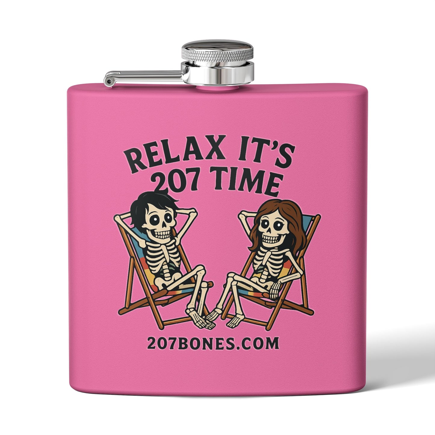 Skeleton Lovers Stainless Steel Flask - 6oz, Unique Gift, Halloween Party, Outdoor Adventure, Fun Drinkware, Relax It's 207 Time