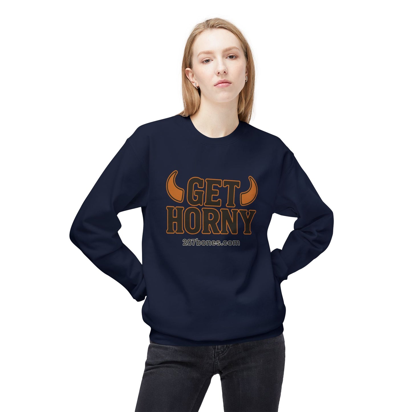 Unisex Get Horny Fleece Crewneck Sweatshirt, Funny Sweatshirt, Gift for Him, Casual Wear, Fall Fashion, Humorous Apparel