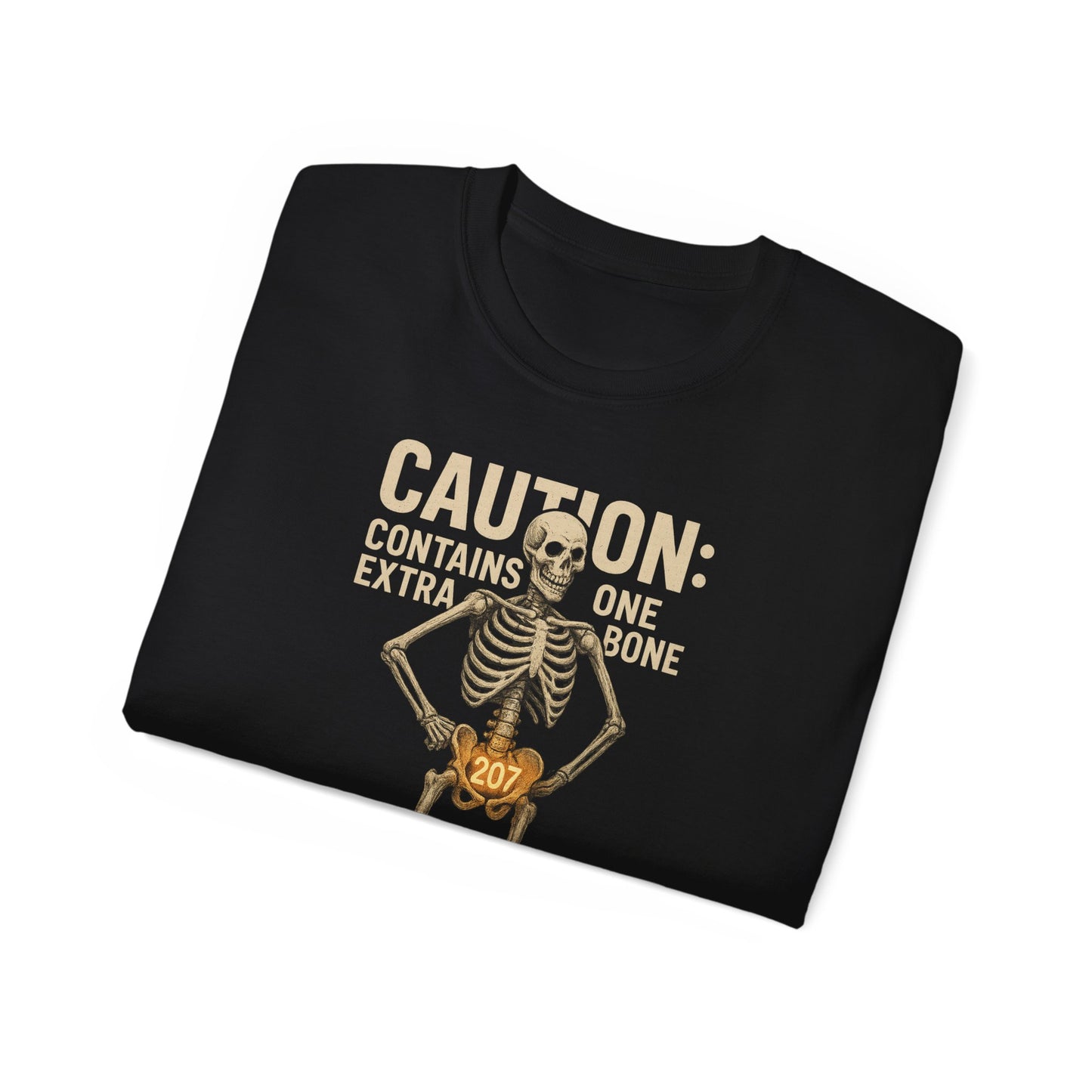 Caution Extra Bone Skeleton Tee, Funny Halloween Shirt, Unisex Spooky T-Shirt, Gift for Bone Lovers, Unique Skull Graphic Tee