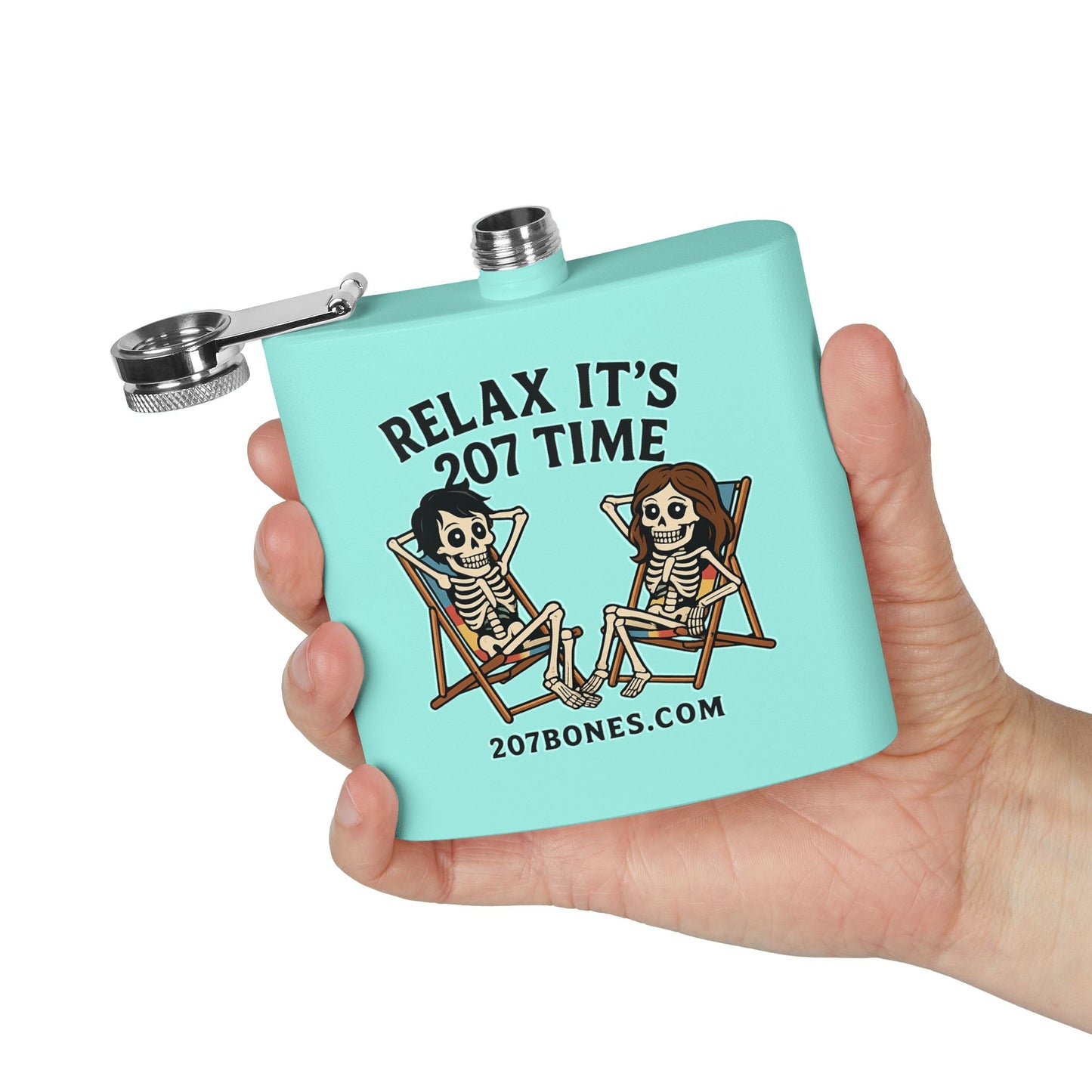 Skeleton Lovers Stainless Steel Flask - 6oz, Unique Gift, Halloween Party, Outdoor Adventure, Fun Drinkware, Relax It's 207 Time