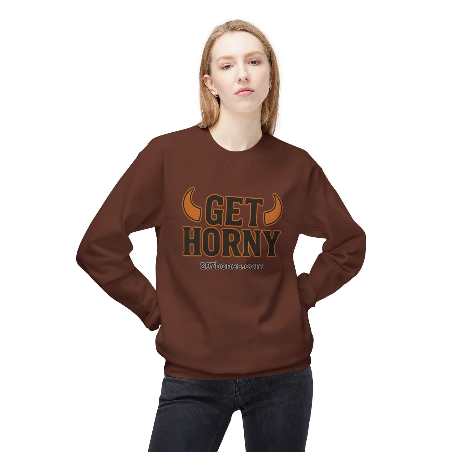 Unisex Get Horny Fleece Crewneck Sweatshirt, Funny Sweatshirt, Gift for Him, Casual Wear, Fall Fashion, Humorous Apparel