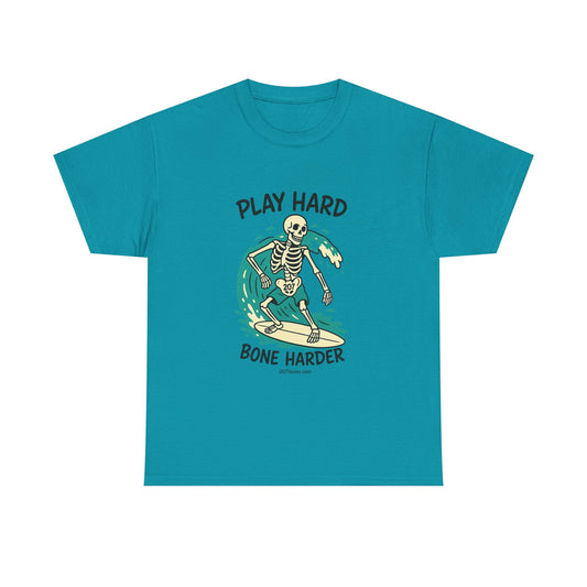 Play Hard Bone Harder Tee | Unisex Cotton T-Shirt, Fun Skeleton Graphic, Casual Wear, Perfect Gift for Halloween, Surf Lovers, Summer Vibe