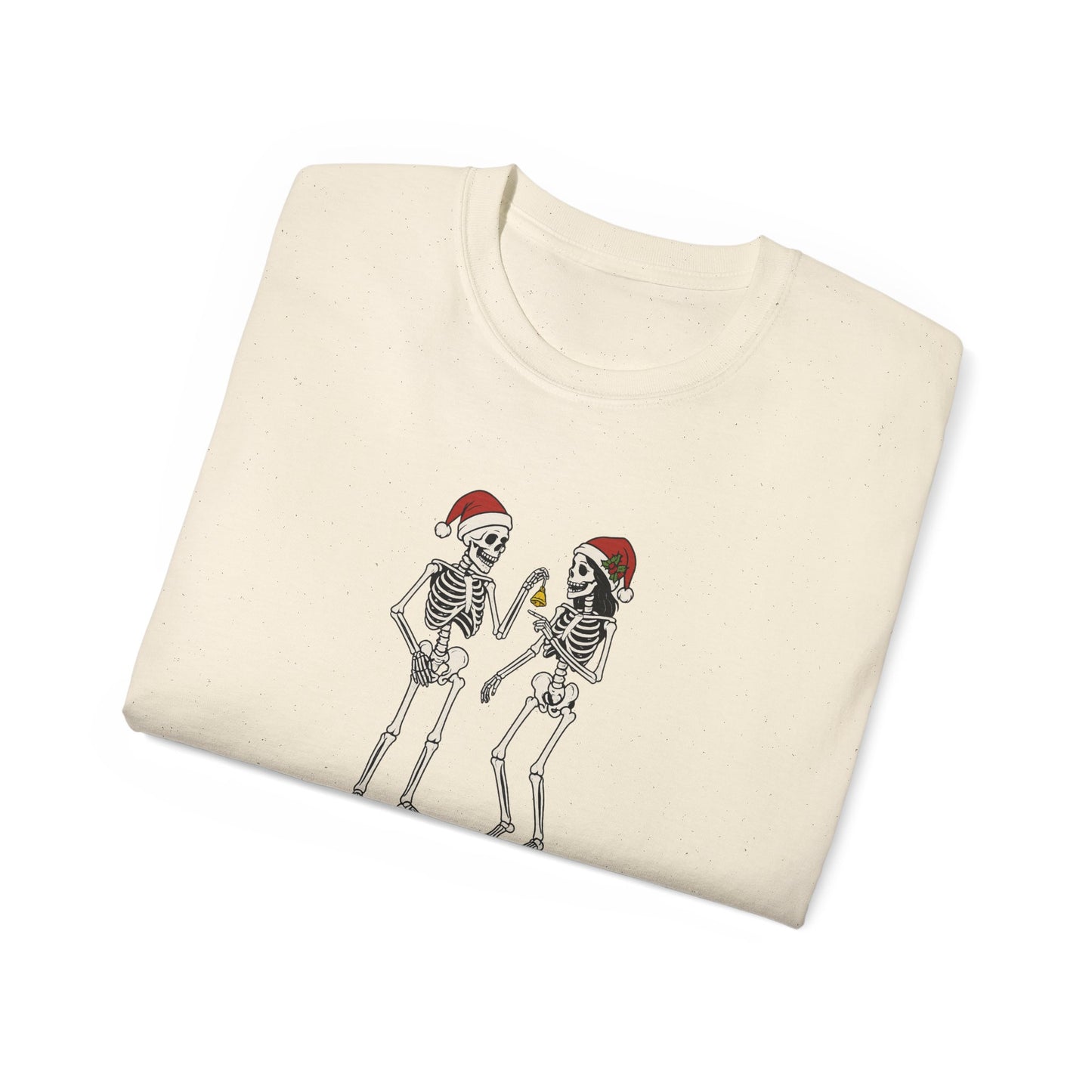 Humorous Skeleton Christmas Tee, Fun Holiday Shirt, Unisex Graphic T-Shirt, Gift for Halloween Lovers, Quirky Party Wear