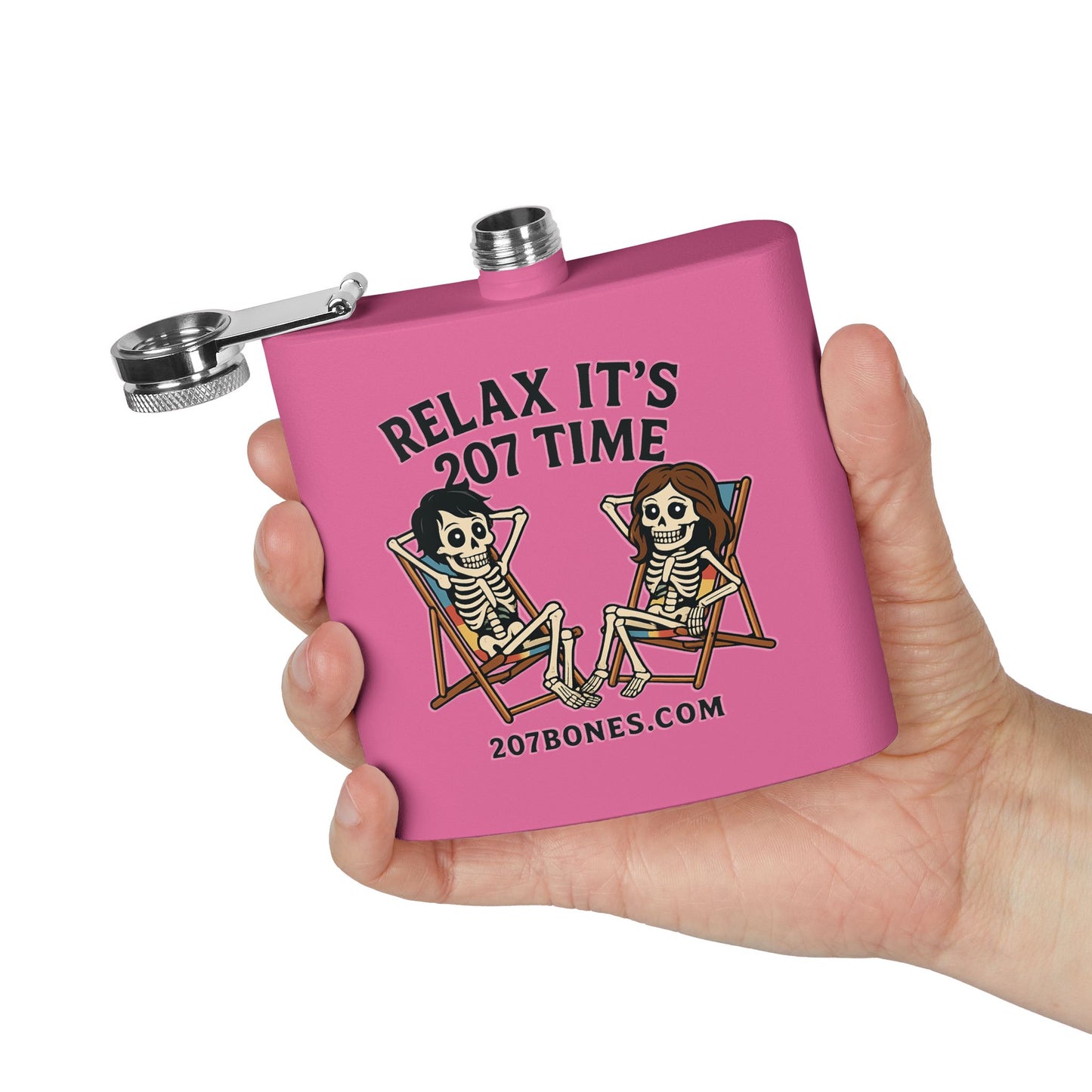 Skeleton Lovers Stainless Steel Flask - 6oz, Unique Gift, Halloween Party, Outdoor Adventure, Fun Drinkware, Relax It's 207 Time