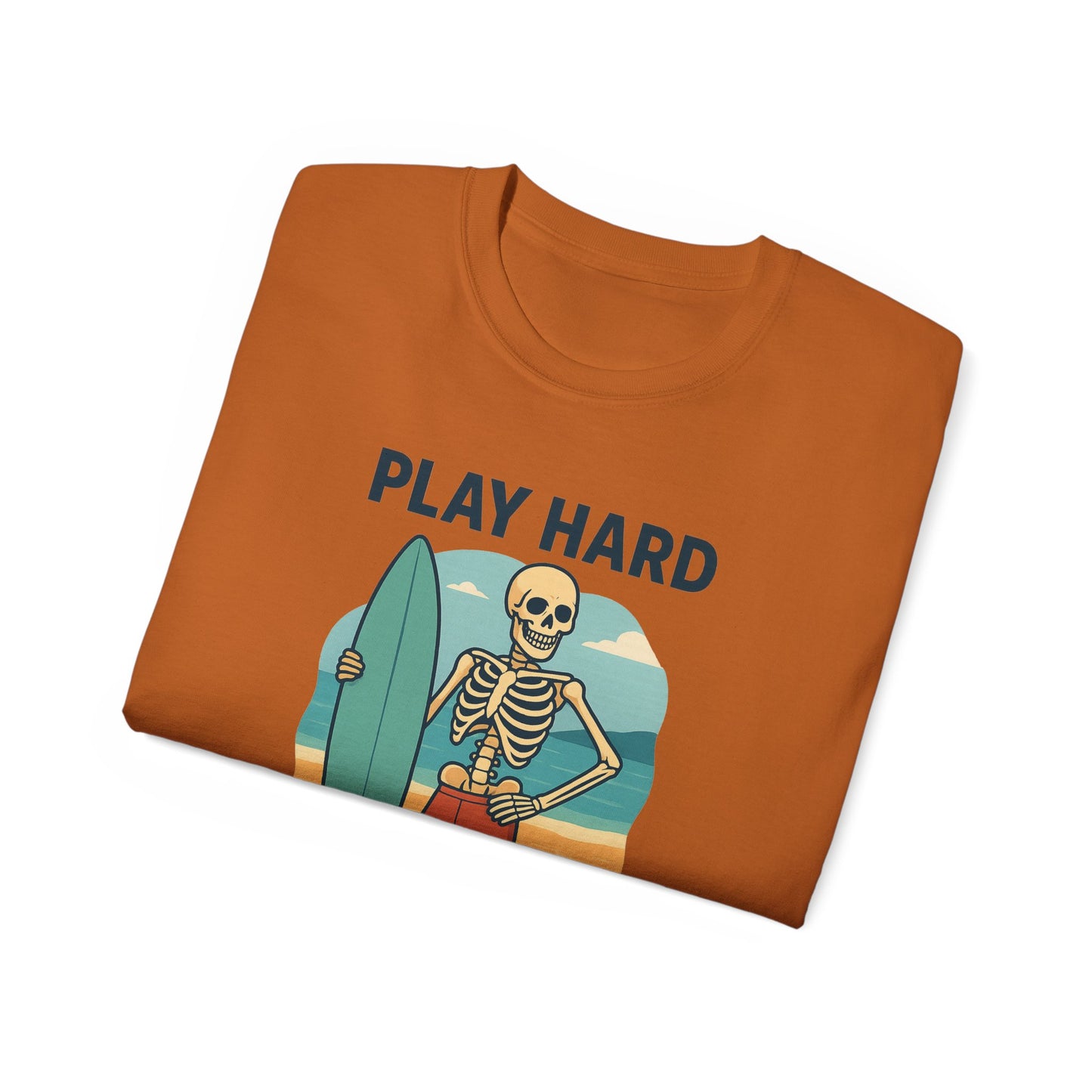 Play Hard Bone Harder Tee, Fun Skeleton Shirt, Summer Vibes Tee, Beach Lover Gift, Halloween Party Tee, Casual Everyday Wear