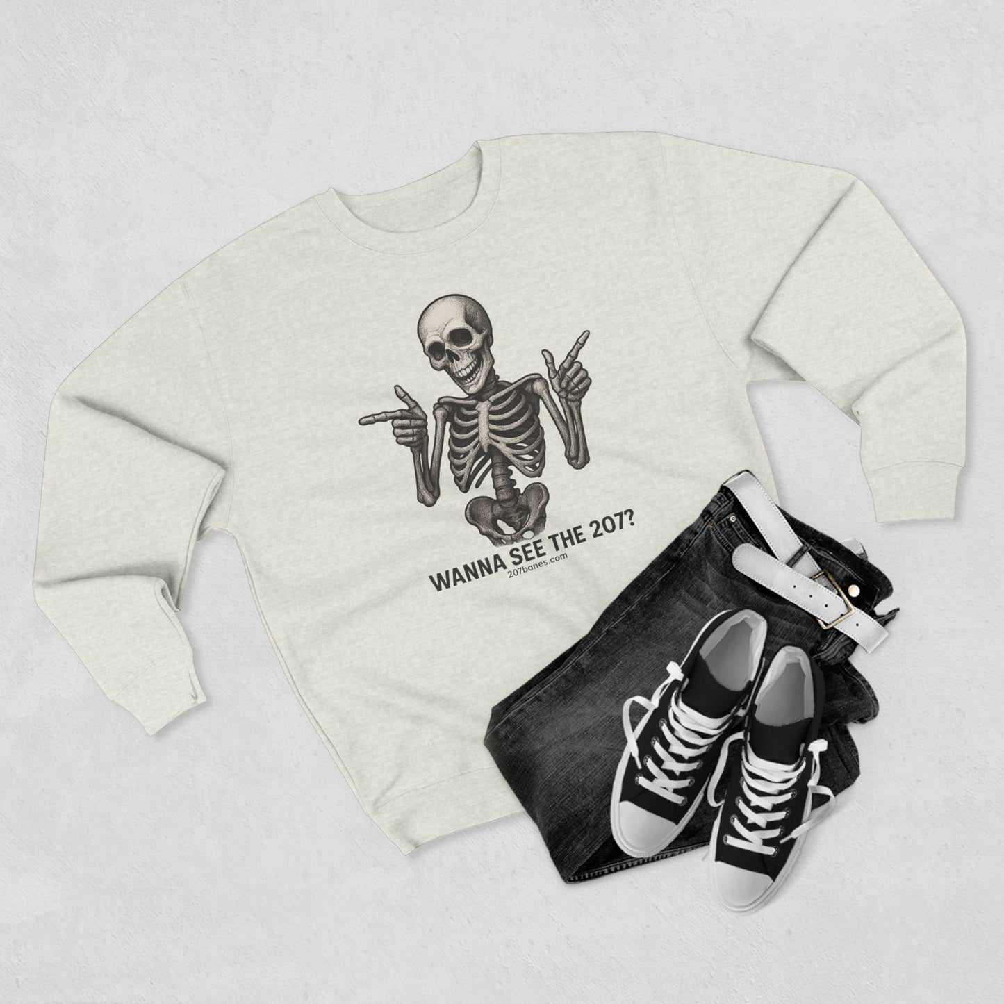 Skeleton Crewneck Sweatshirt - Wanna See the 207? Casual Halloween Apparel, Unisex Sweatshirt, Cozy Layering Piece, Funny Gift Idea, [...]