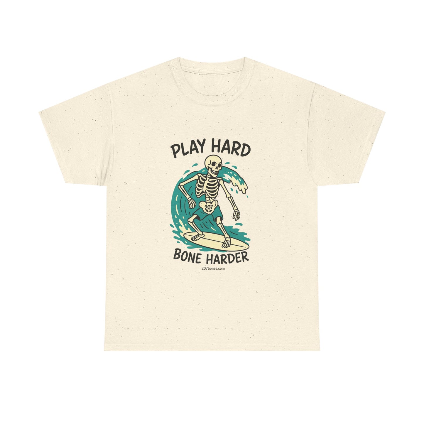 Play Hard Bone Harder Tee | Unisex Cotton T-Shirt, Fun Skeleton Graphic, Casual Wear, Perfect Gift for Halloween, Surf Lovers, Summer Vibe