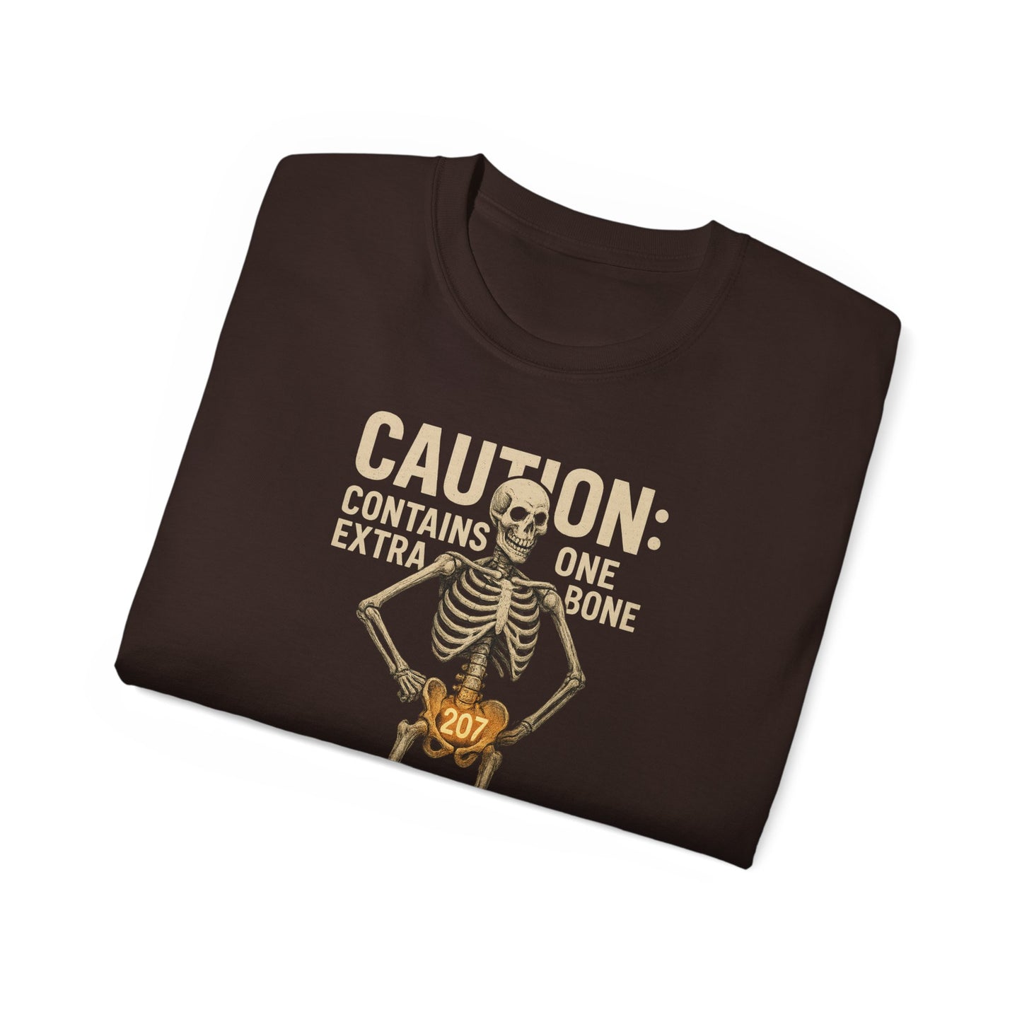 Caution Extra Bone Skeleton Tee, Funny Halloween Shirt, Unisex Spooky T-Shirt, Gift for Bone Lovers, Unique Skull Graphic Tee