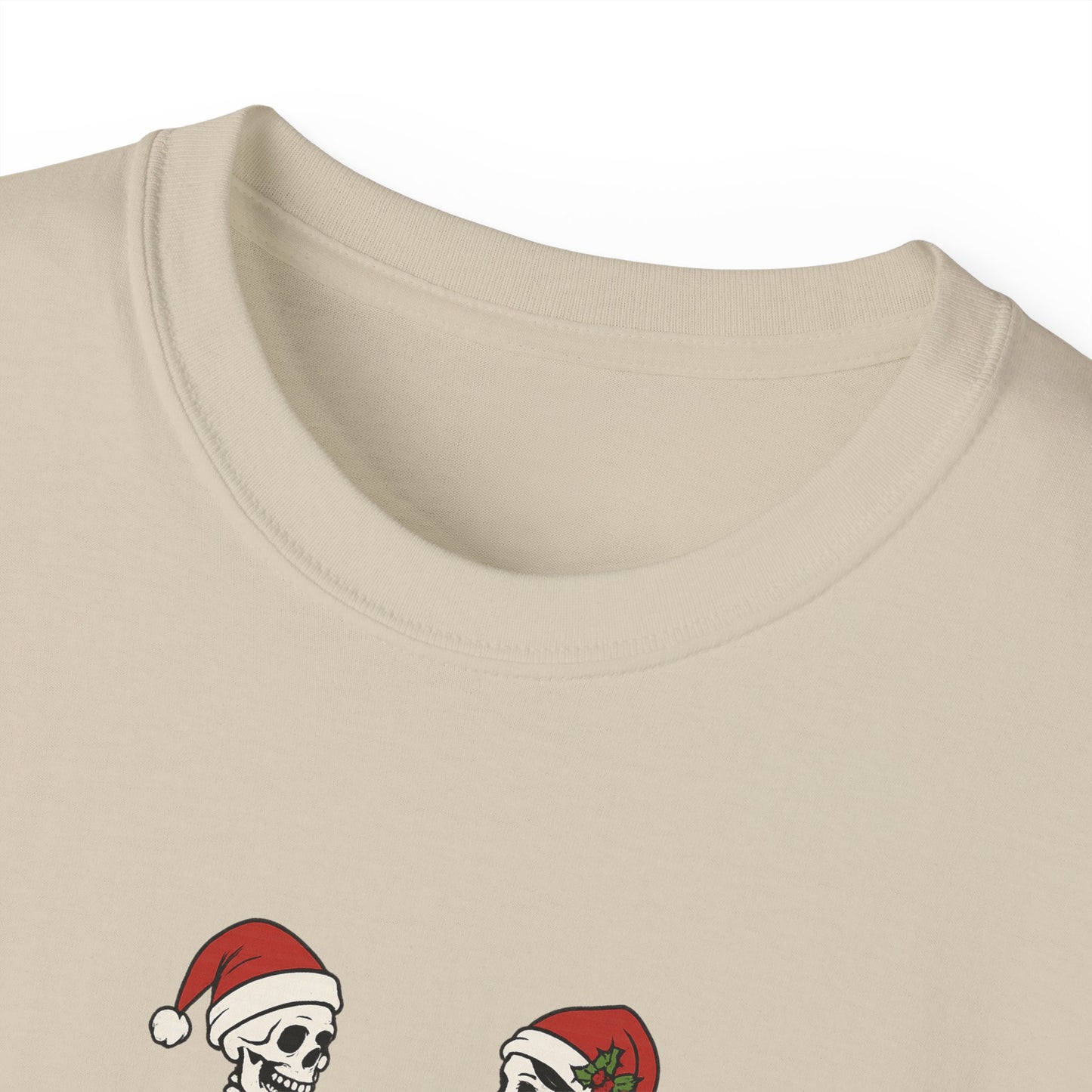 Humorous Skeleton Christmas Tee, Fun Holiday Shirt, Unisex Graphic T-Shirt, Gift for Halloween Lovers, Quirky Party Wear