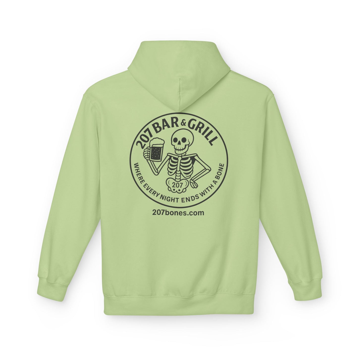 207 Bar & Grill Skeleton Hoodie, Softstyle Midweight Fleece, Unisex Pullover, Fun Gift for Halloween, Cozy Lounge Wear