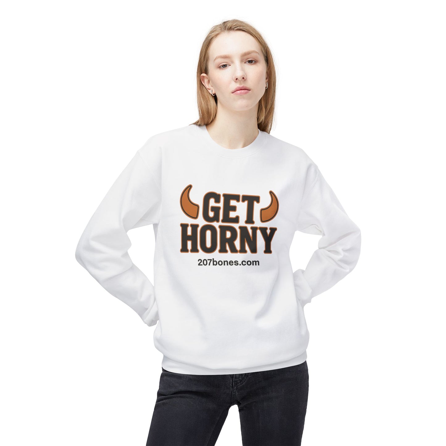 Unisex Get Horny Fleece Crewneck Sweatshirt, Funny Sweatshirt, Gift for Him, Casual Wear, Fall Fashion, Humorous Apparel