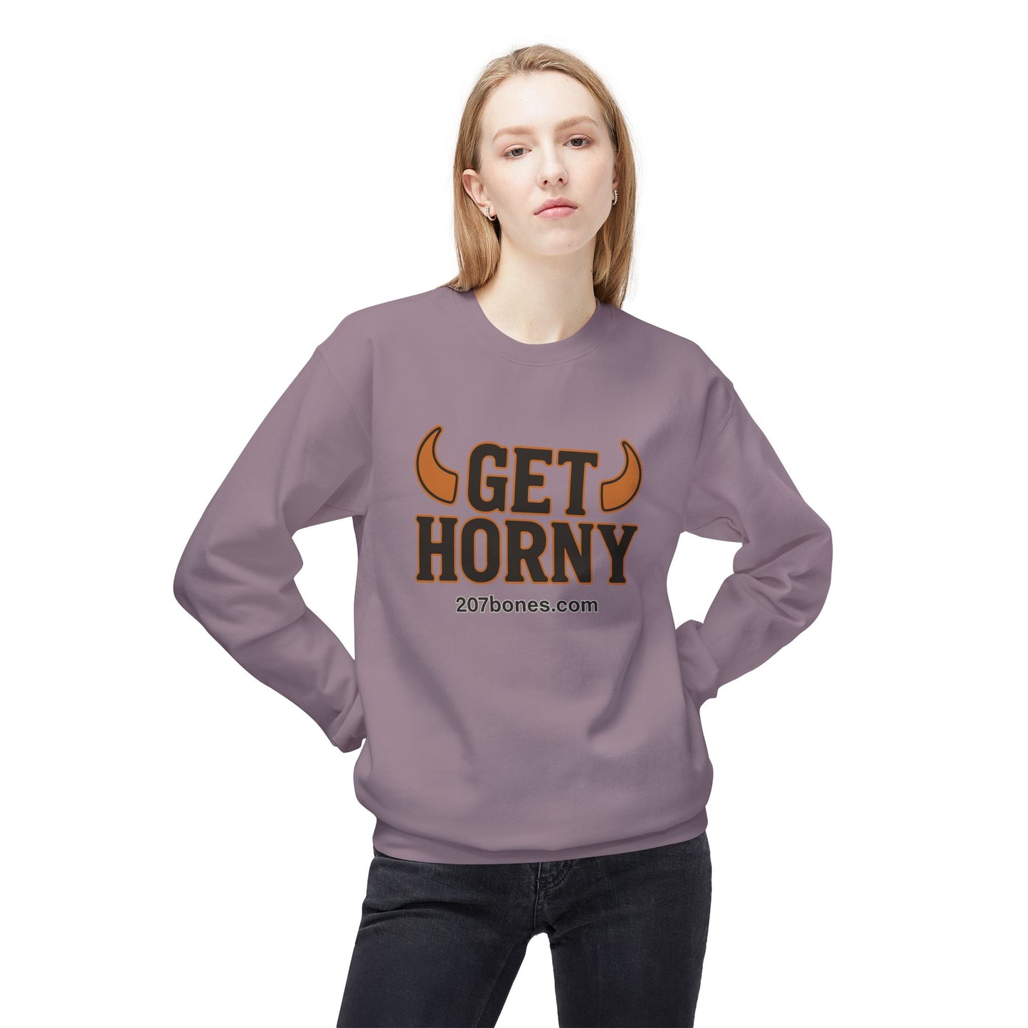Unisex Get Horny Fleece Crewneck Sweatshirt, Funny Sweatshirt, Gift for Him, Casual Wear, Fall Fashion, Humorous Apparel