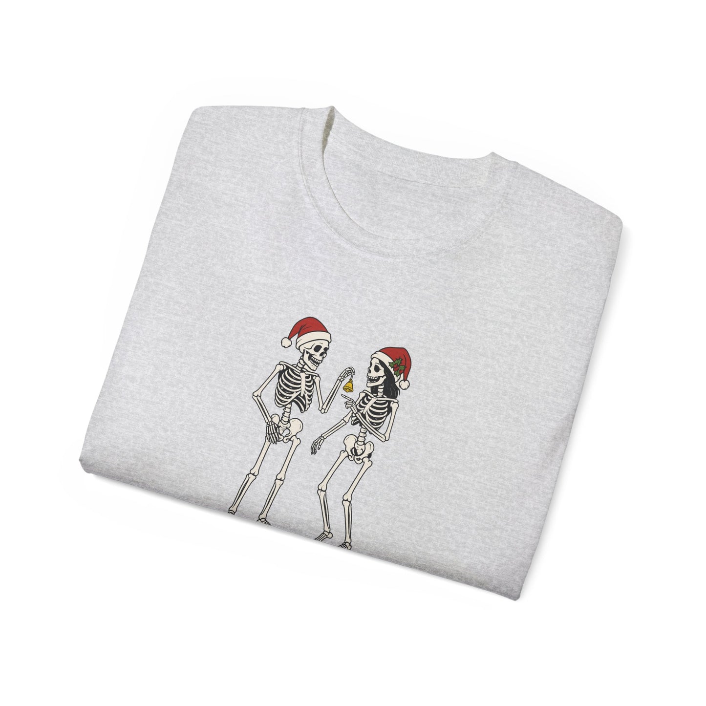 Humorous Skeleton Christmas Tee, Fun Holiday Shirt, Unisex Graphic T-Shirt, Gift for Halloween Lovers, Quirky Party Wear