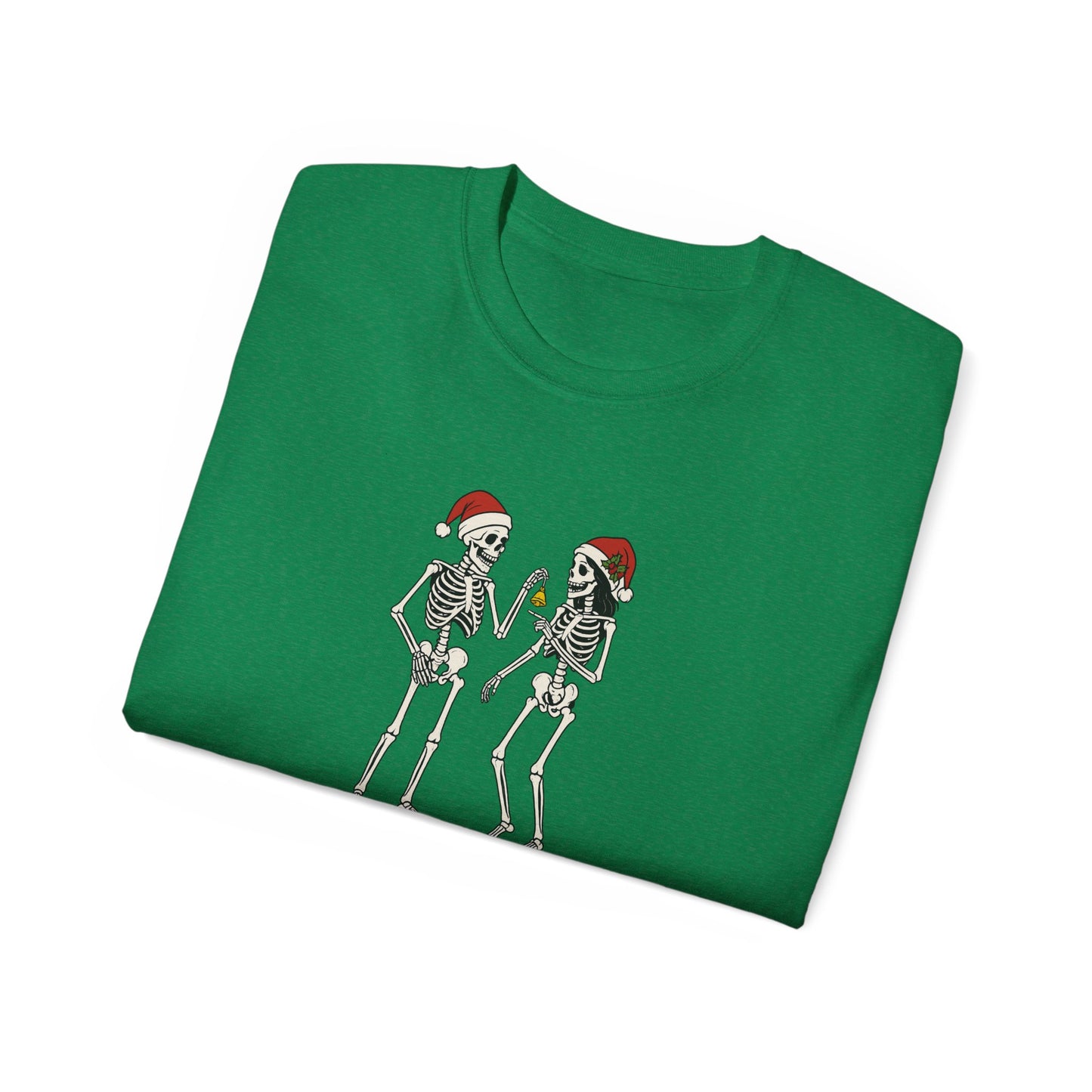 Humorous Skeleton Christmas Tee, Fun Holiday Shirt, Unisex Graphic T-Shirt, Gift for Halloween Lovers, Quirky Party Wear