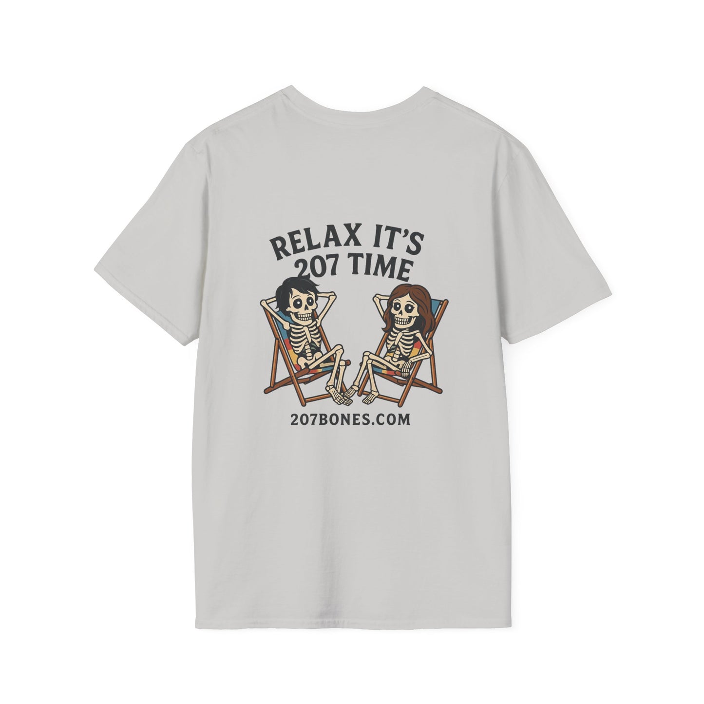 Chill Vibes Unisex T-Shirt - Relax It's 207 Time Design, Skeleton Tee, Casual Everyday Wear, Perfect for Halloween, Gift for Friends