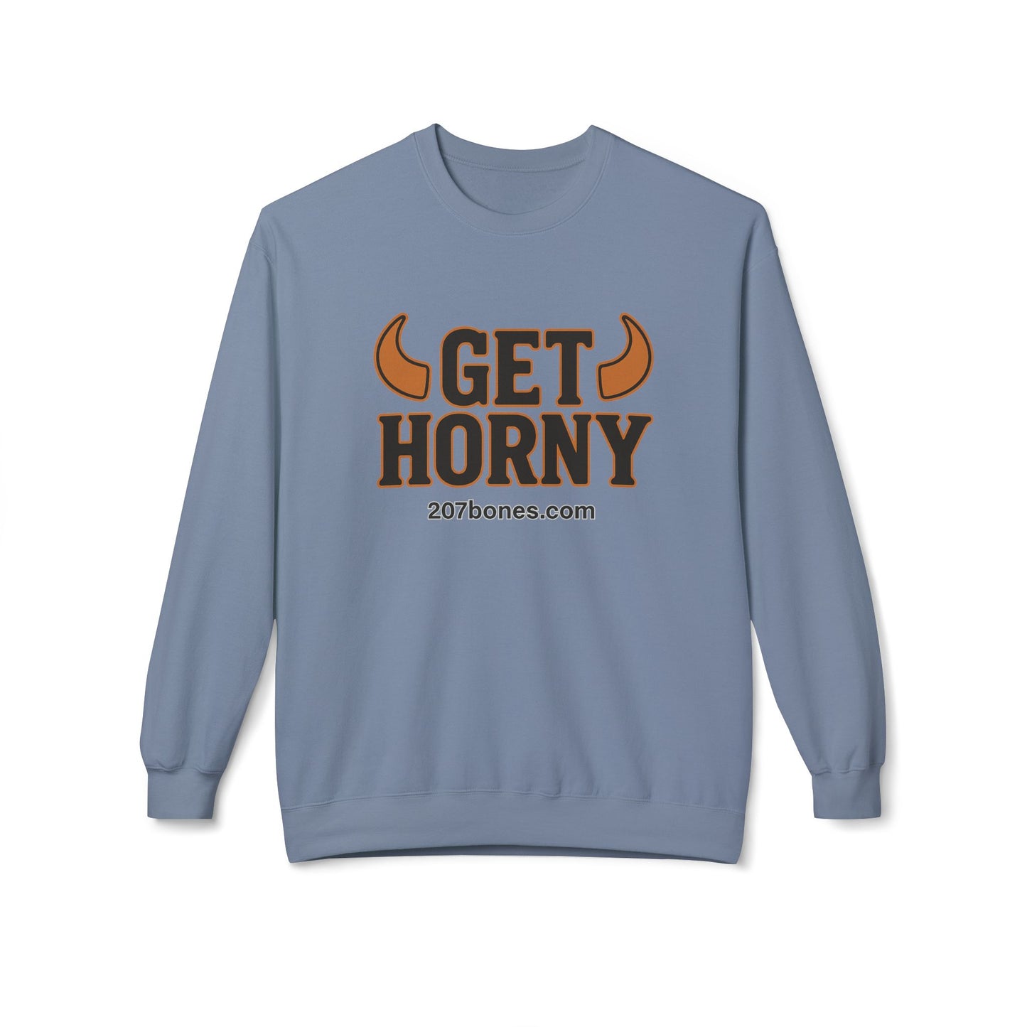 Unisex Get Horny Fleece Crewneck Sweatshirt, Funny Sweatshirt, Gift for Him, Casual Wear, Fall Fashion, Humorous Apparel