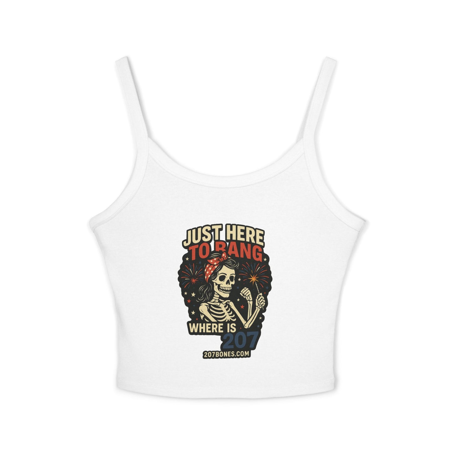 Skeleton Graphic Tank Top, Just Here to Hang Spaghetti Strap, Halloween Gift, Trendy Summer Top, Boho Style Apparel