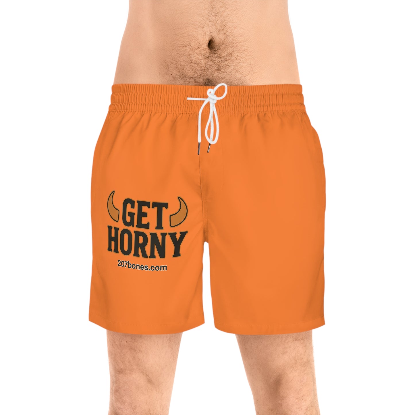 Men's Fun Orange Swim Shorts - 'Get Horny' Beachwear, Summer Swim Trunks, Pool Party Essential, Vacation Swimwear, Gift for Him