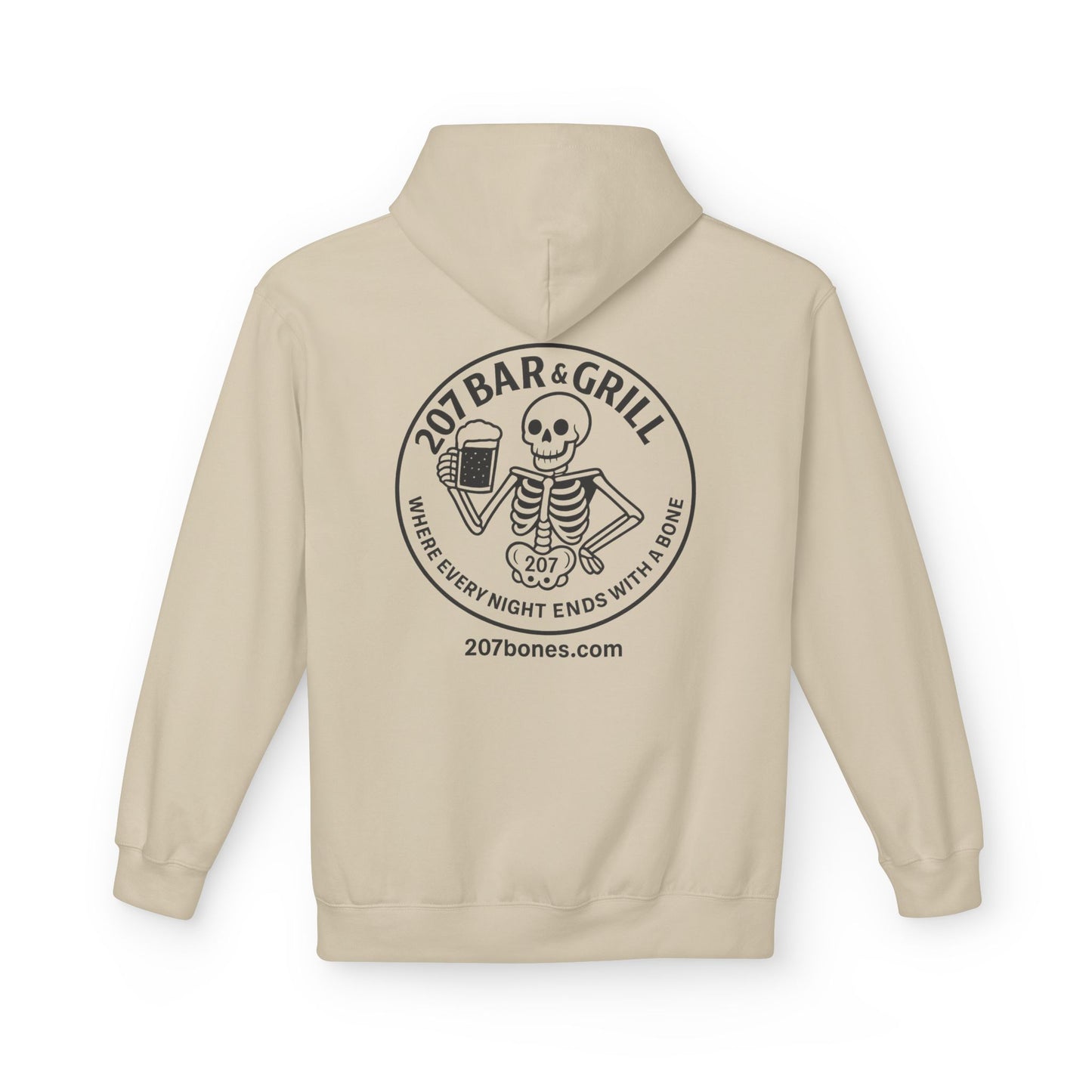 207 Bar & Grill Skeleton Hoodie, Softstyle Midweight Fleece, Unisex Pullover, Fun Gift for Halloween, Cozy Lounge Wear